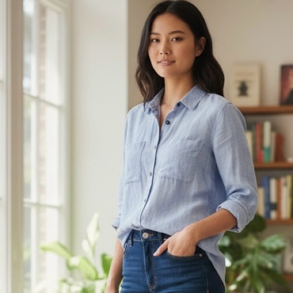 Topshop Textured Cotton Button-Down Shirt – Light Blue (US 2)